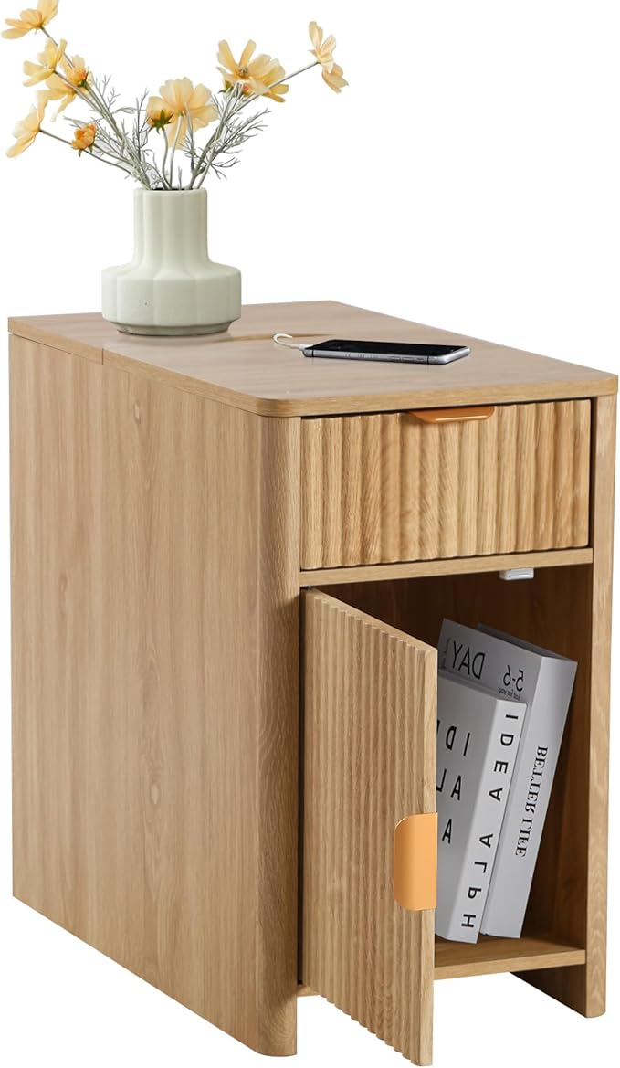 Fluted Narrow End Table with Charging Station, Boho Side Table with Drawer Storage, Small Night Stand with Power Outlets and USB Ports, Sofa Side Table for Living Room - Natural