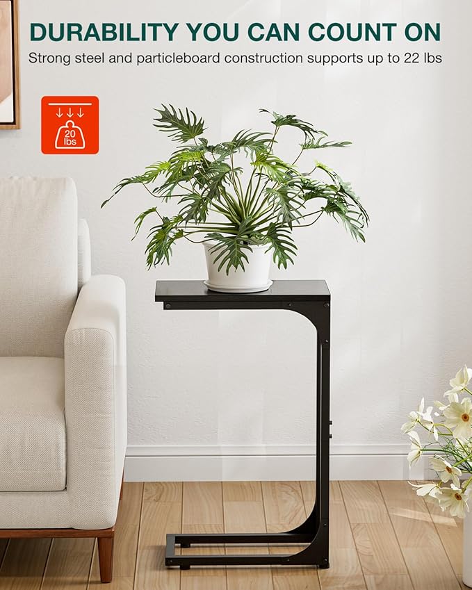 C-Shaped Side Table for Couch - Small Coffee Stand Sofa Tray Desk with Sturdy Metal Frame and Waterproof Scratch Resistant Wood Surface, Modern End Accent for Living Room, Bedroom, Black