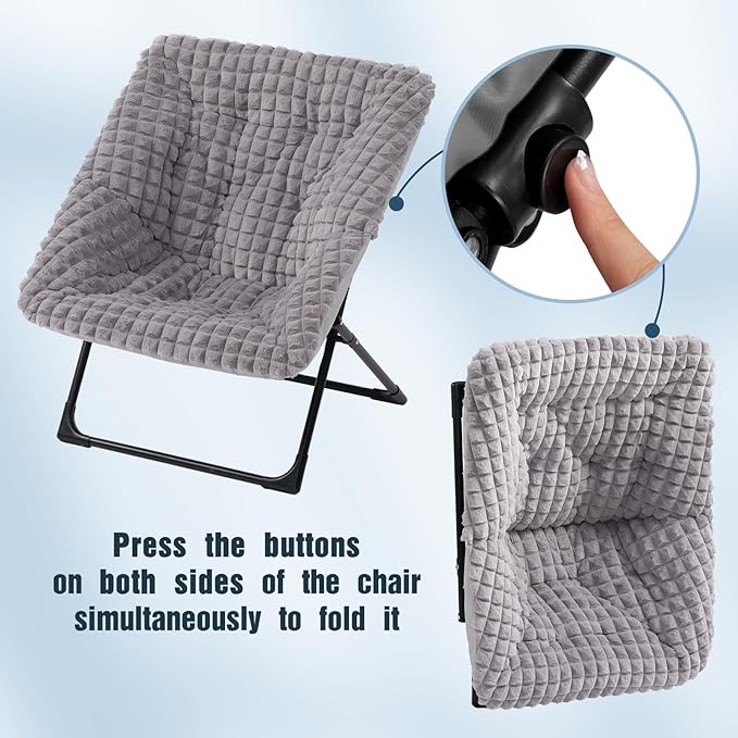 HollyHOME X-Large Saucer Chair with Foldable Ottoman, Comfy Oversized Folding Chair and Folding Footrest Stool Set, Faux-Fur Reading Chair and Footstool for Living Room, Blue&Grey Chair&Stool