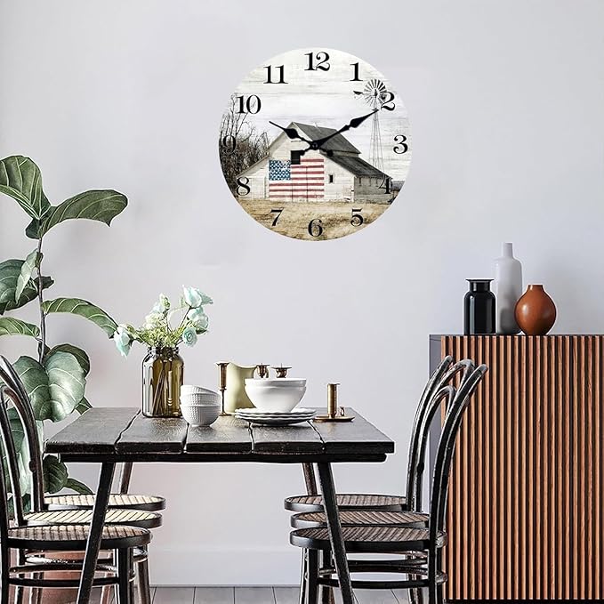 XFM Farmhouse Wall Clock 16 Inch Rustic Barn Wooden Clocks Silent Non-Ticking Battery Operated Country Landscape Small Round Clock for Living Room Kitchen Bedroom Office