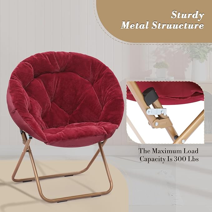 Athena Collection Saucer Chair with Ottoman - Modern Red Faux Fur Foldable Accent Chair - Comfortable for Bedroom, Living Room, Gaming, Reading - 300 lbs Weight Capacity