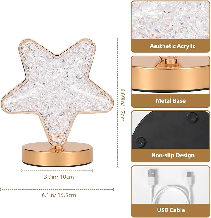 Lewondr Star Table Lamp, Stepless Dimmable Touch Lamp with 3 Colors, Rechargeable Night Light with USB Port, Crystal Star Light Bedside Lamp for Nightstand Desk Bedroom Living Room Home Decor