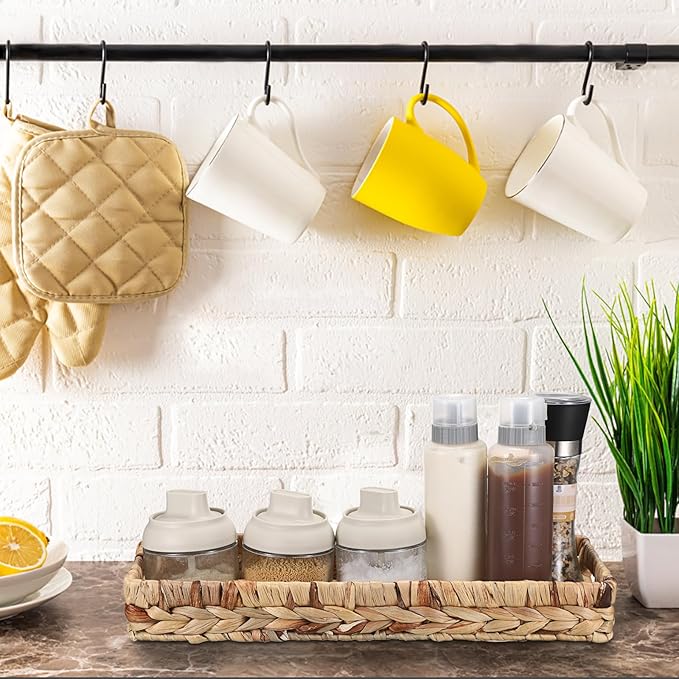 Hipiwe Wicker Toilet Tank Basket 16.9 Inch Bathroom Vanity Tray for Long Back of Toilet, Rectangle Woven Hyacinth Decorative Countertop for Paper Hand Towel