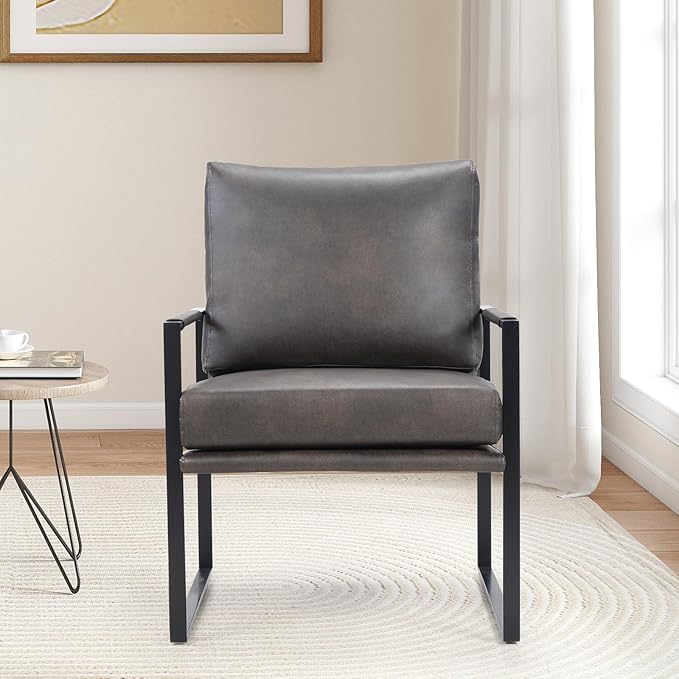 INZOY Mid Century Modern Accent Chair with Removable Cushions Set of 2, Comfy PU Leather Living Room Chairs with Thicker Backrest and Cushion, Metal Frame Design, Dark Grey