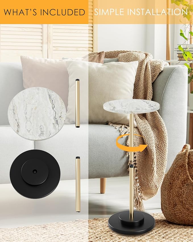 Round Side Table, Small Drink Table for Small Spaces, Modern Accent End Table with Metal Leg for Living Room, Bedroom, Corners, and Office (Marble)