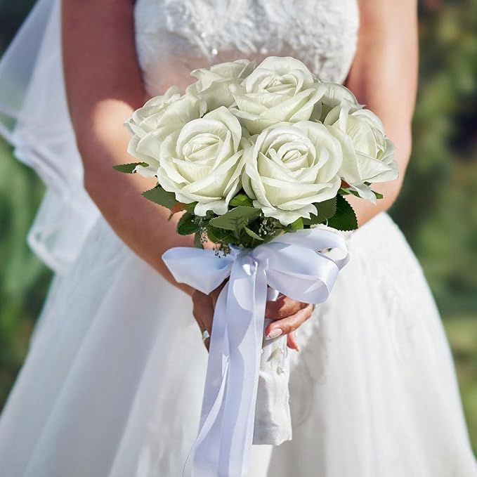 10 PCS Artificial Roses with Long Stems Silk Flowers Realistic Foam Flowers Fake Roses for Valentine's Day Home Wedding Halloween Decor(White)