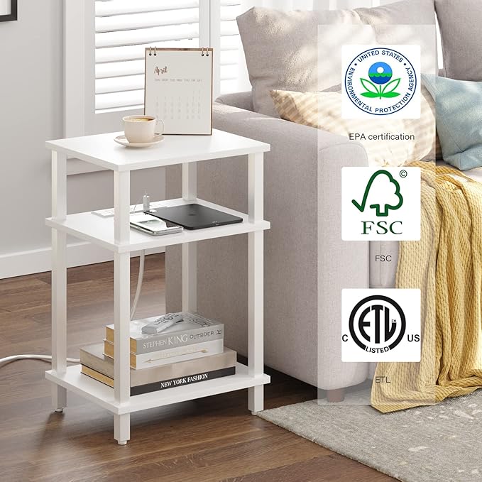 TUTOTAK Set of 2 End Table with Charging Station, Side Table with USB Ports and Outlets, Nightstand, 3-Tier Storage Shelf, Sofa Table for Small Space TB01BW0422
