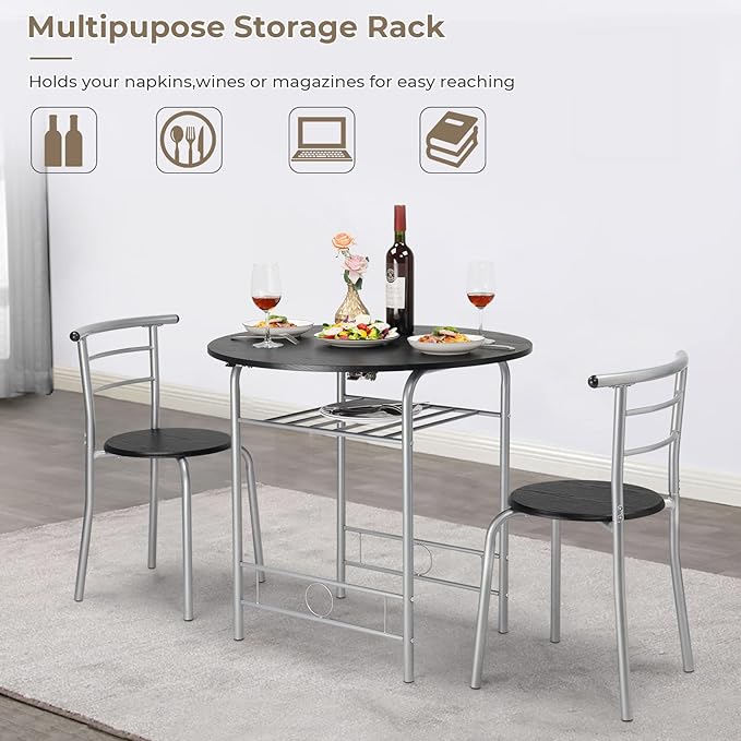 VINGLI 31.5" Drop Leaf Dining Table Set 3 Pieces for Small Space,Small Kitchen Table Set for 2,Round Folding Dining Table with 2 Chairs for Home,Kitchen,Apartment,Silver&Black