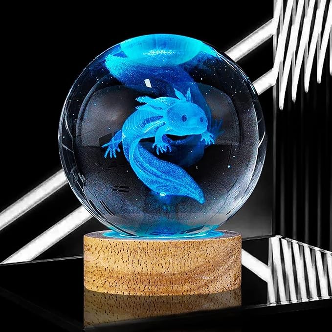 Axolotl Night Light,3.15 inch 3D K9 Crystal Ball Axolotl Lamp with Wooden Base,16 Colors Change,Remote Control,Color Box,Birthday Christmas Gift