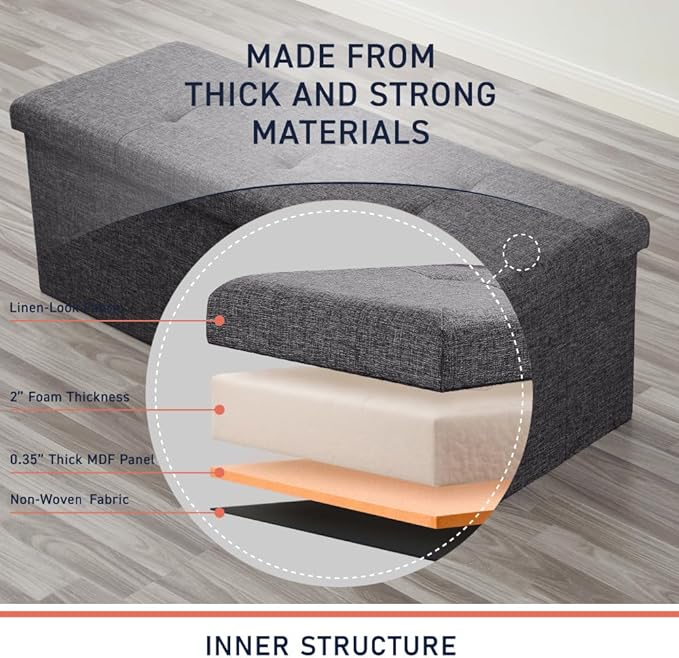 Ornavo Home 43 Inch Folding Storage Ottoman, Long Large Storage Ottoman Chest, Foot Rest Stool, Bedroom Bench - (Dark Gray)