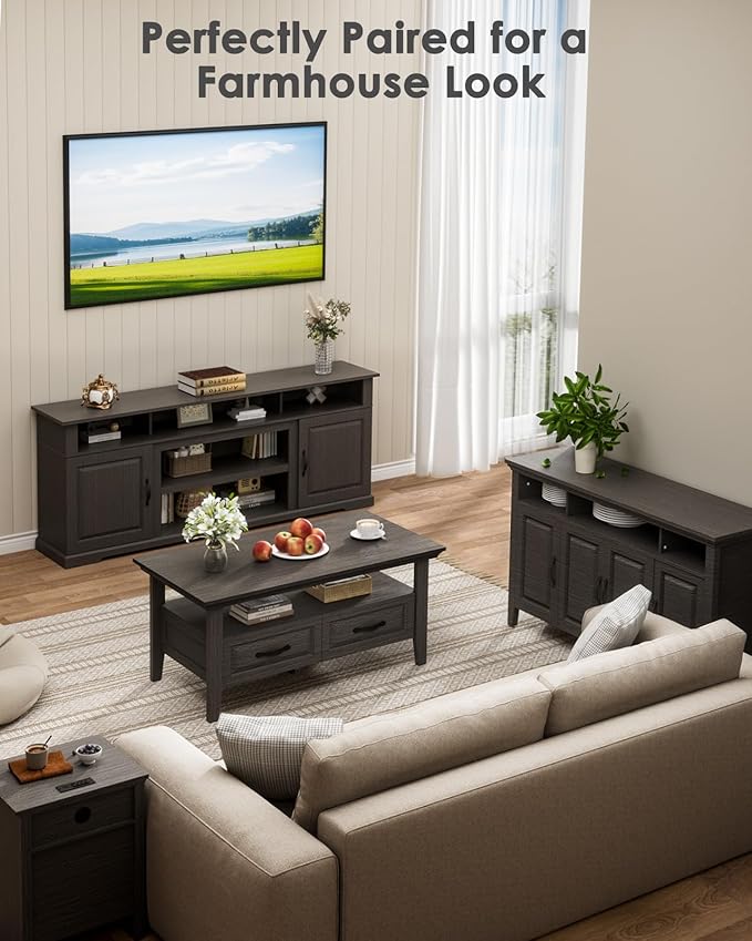 Amada Coffee Table for Living Room, 39.4" Small Coffee Table with Storage, Modern Coffee Tables Open Display Shelf and Hidden Drawers, Farmhouse Wood Center Table Decor Ideal for Home Office, Gray