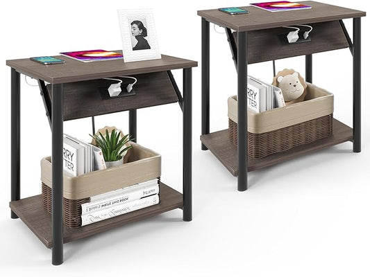 Night Stands Set of 2, Small End Tables with Charging Station, Small Side Tables for Living Room, Bedside Tables with 2-Tier Storage Shelf, Nightstand with Outlets and USB Ports, Rustic Grey/Black
