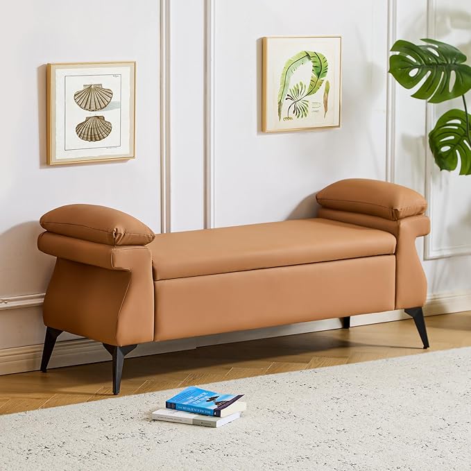 Furniliving 51” Storage Bench, End of Bed Bench with Armrest Cushion Large Upholstered Storage Ottoman Leather Window Bench with Storage Shoe Cabinet Bench, for Bedroom, Entryway, Brown