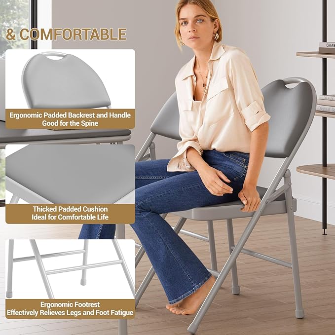 4 Pack Folding Chairs with PU Leather Padded Cushion, 350Lbs Capacity, Lightweight Ergonomic Design, Metal Frame, Indoor Outdoor Portable Stackable Seats for Home Office Party Events,Gray