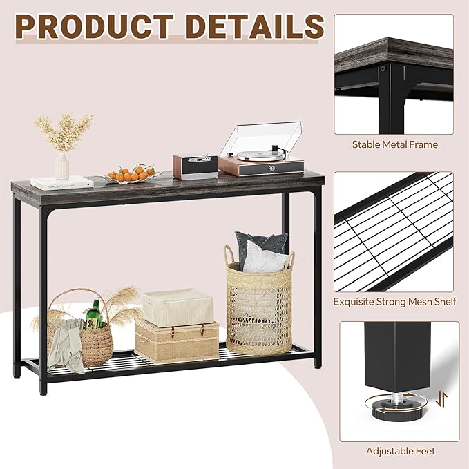 Console Table, Entryway Table, Sofa Table with Mesh Shelves, Console Tables for Living Room, Bedroom, Hallway, Entryway, Foyer (2 Tier, Oak Grey, 47 inch)
