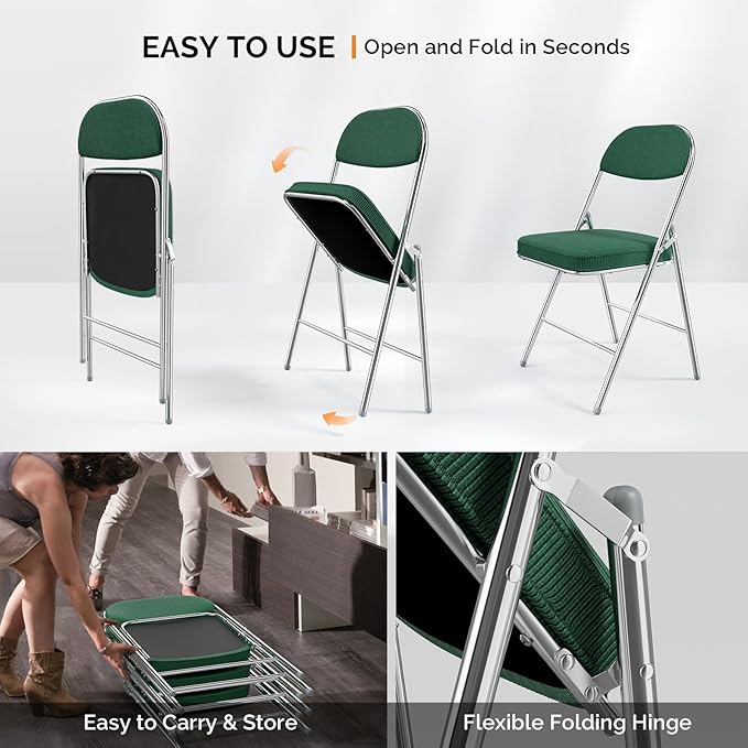 VINGLI 4 Pack Folding Chairs with Padded Seat & Backrest, Metal Frame, Durable Corduroy Fabric, 350 lbs Capacity, Set of 4, Olive Green – Ideal for Weddings, Parties, Office Events