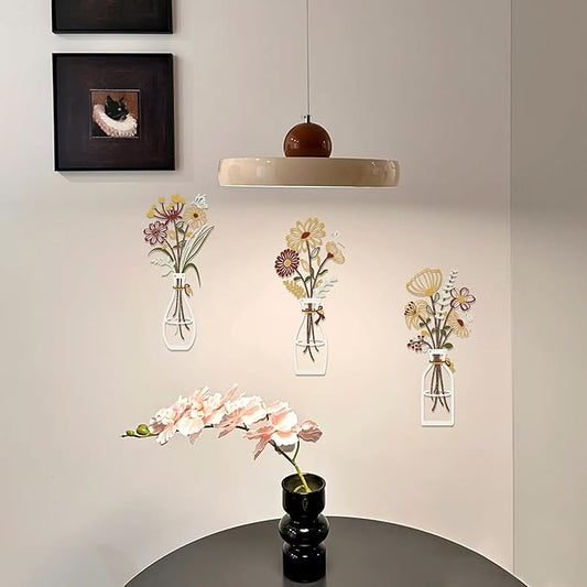 Iron Metal Vase Flower Wall Art Set of 3 - Minimalist Black Floral Decor for Living Room Bedroom Kitchen, Office Garden - Modern Farmhouse Home Decor & Housewarming Gifts (Yellow-Brown)