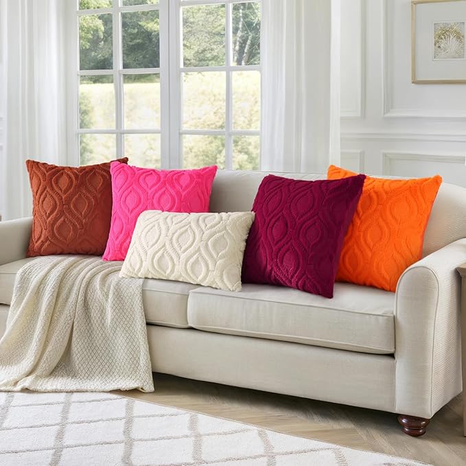 decorUhome Throw Pillow Covers 20x20 Inch Set of 2, Soft Plush Faux Wool Hot Pink Solid Couch Pillow Covers, Accent Farmhouse Neutral Square Pillow Cases for Sofa Bed Living Room