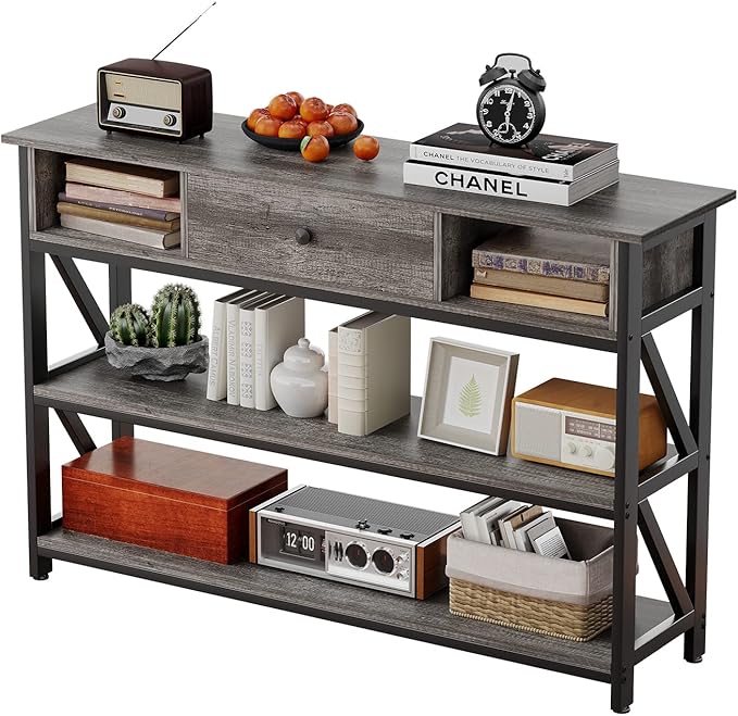 Mexin 47 Inch Console Sofa Table with Drawer, Industrial Entryway Table with Storage Shelves, Storage Organizer for Hallway Living Room Couch Foyer Kitchen Counter, Grey Oak