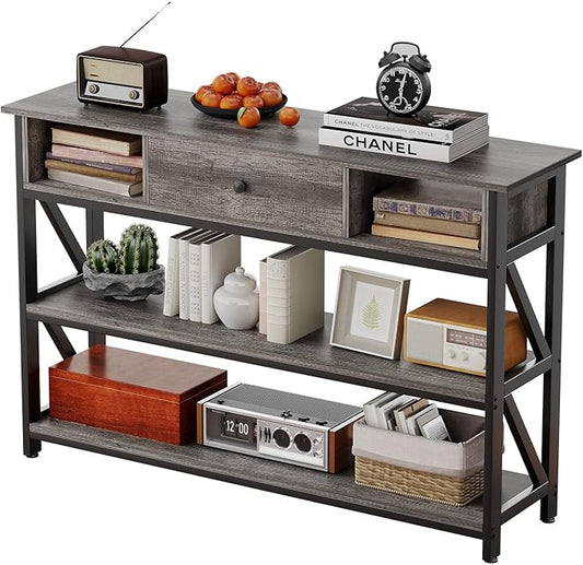 Mexin 47 Inch Console Sofa Table with Drawer, Industrial Entryway Table with Storage Shelves, Storage Organizer for Hallway Living Room Couch Foyer Kitchen Counter, Grey Oak