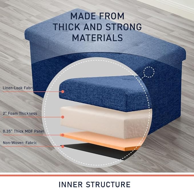 Ornavo Home Foldable Tufted Linen Large Storage Ottoman Bench Foot Rest Stool/Seat - 15" x 30" x 15" (Navy)