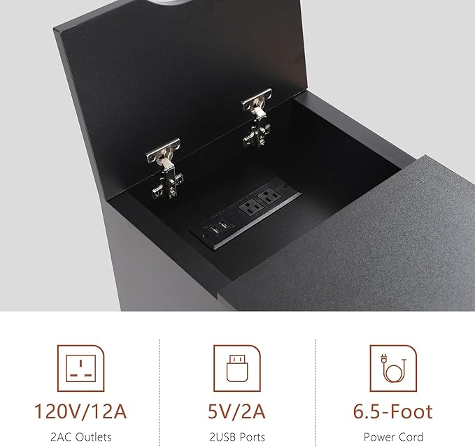 Fluted Narrow End Table with Charging Station, Black Side Table with Drawer Storage, Small Night Stand with Power Outlets and USB Ports, Sofa Side Table for Living Room - Black