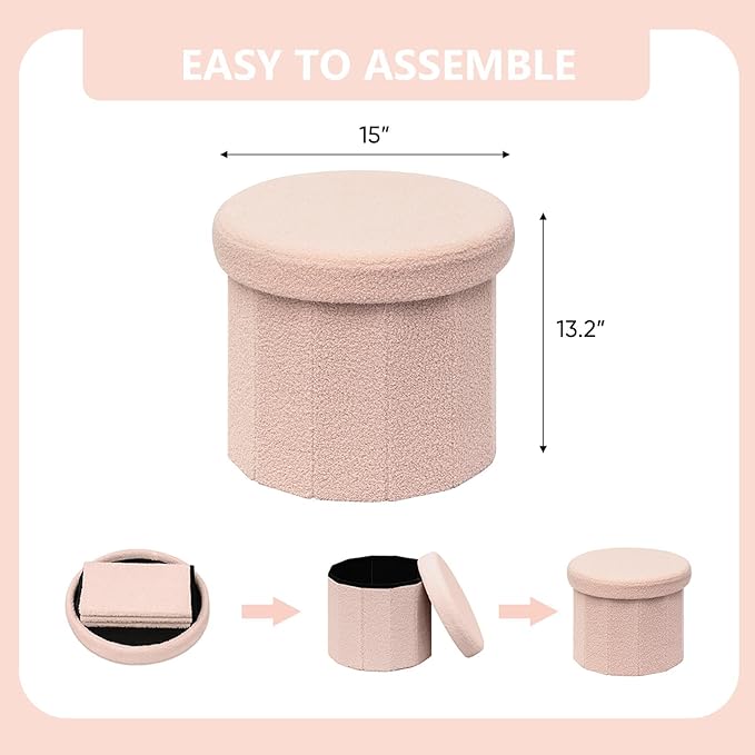 15 Inchs Round Storage Ottoman, Small Foldable Foot Stool with Hidden Storage for Living Room, Bedroom-Pink