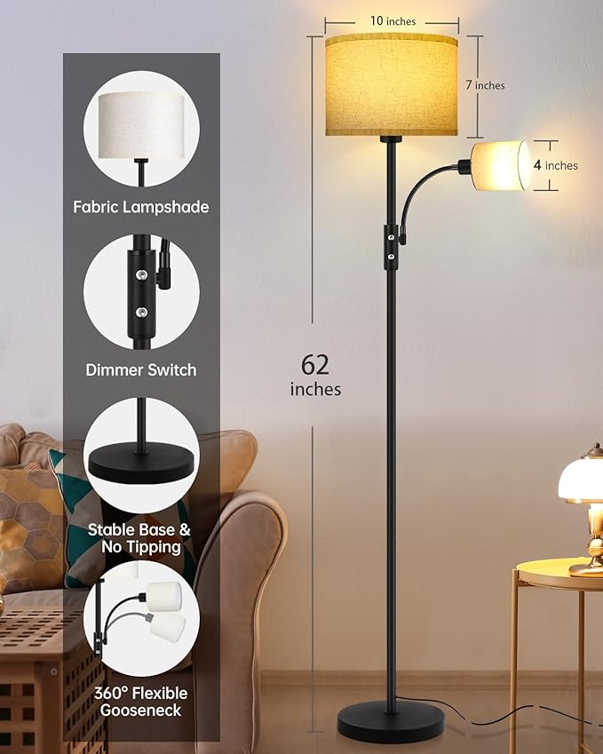 Floor Lamps for Living Room, Modern Floor Lamp with Reading Lamp(9W, 4W), 3 Color Temperature LED Bulbs, 62" Tall Standing Lamp, Beige Lampshades, Simple Pole Lamps for Bedroom/Office/Kids Room/Den