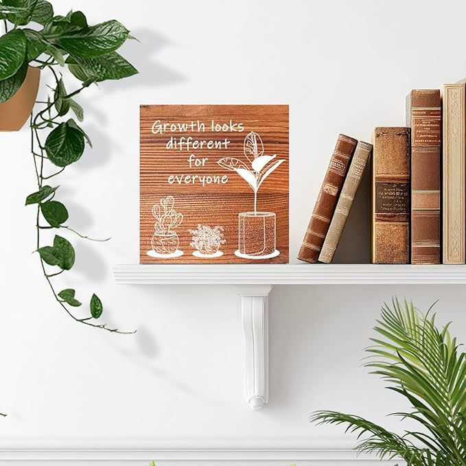 LVQHI Inspirational Wood Block Sign,Growth Looks Different for Everyone Plant Motivational Wooden Block Sign for Home Bedroom Office Desk Table Decor,Inspirational Cheer Up Gift for Coworker Burlywood