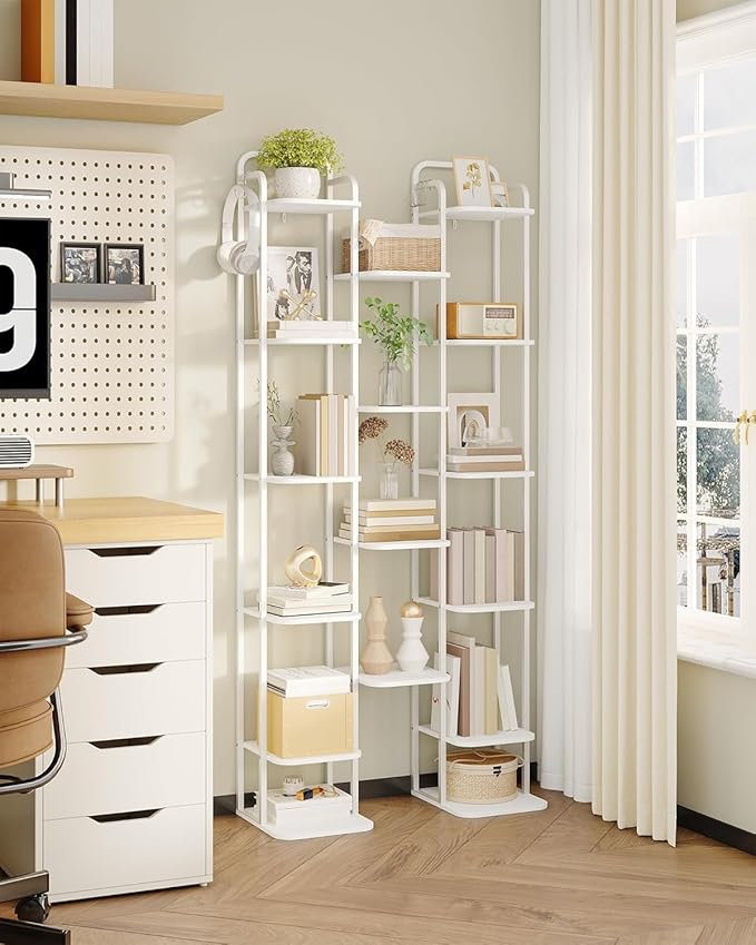 10 Tiers Vertical Shoe Rack, Narrow Shoe Tower, Tall Shoes Shelf with 2 Hooks, Adjustable Shelves, Corner Shoes Shelves for Small Spaces, Entryway, Living Room, White SR11213W