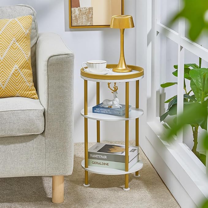 Small Round Side Table, Gold Round End Table with White Shelves, 3-Tier Modern Nightstand for Bedroom & Living Room, 21.7" H Narrow Gold Accent Table for Small Spaces, Dorm, Nursery (White & Gold)