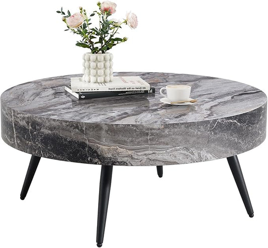 31.5" Modern Round Coffee Table,Small Coffee Tables Center Table with Metal Legs Marble-Patterned Tabletop for Living Room Office Apartment,Easy to Assemble, Grey Marble