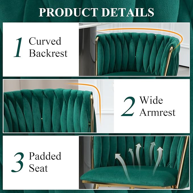 NIOIIKIT Modern Velvet Dining Chairs Hand Weaving Accent Chairs Living Room Chairs Upholstered Side Chair with Golden Metal Legs for Dining Room Kitchen Vanity Living Room (Emerald)