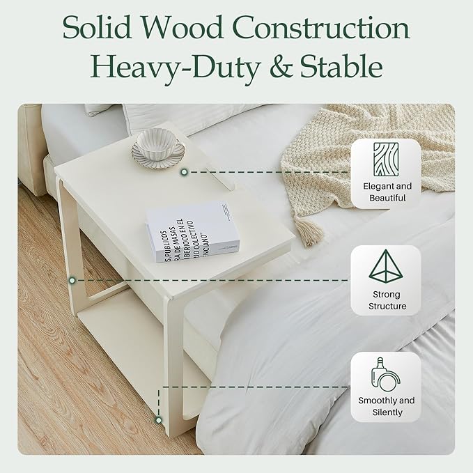 C Shaped Rolling End Table with Wheels - Solid Wood Side Table for Couch, Wooden Modern Tv Tray Bedside Tables for Sofa Armchair Living Room Bedroom, White, 15.4 in x 23.6 in x 24.8 in