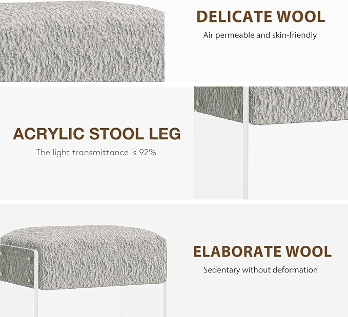 Soft Fluffy Stool, Modern Acrylic Footstool with Upholstered Seat, Fluffy Stool for Living Room Bedroom (Grey)