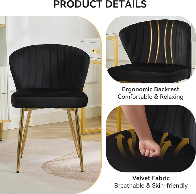 Velvet Vanity Chair, Modern Makeup Chair with Back Golden Legs, Small Cute Accent Chair for Vanity, Living Room, Bedroom, Beige, Black