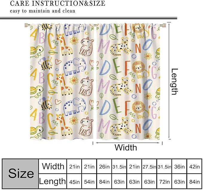 BAEKJIN Kids Alphabet Curtains， Hand Drawn Colorful ABC Letters and Animals Pattern Print Decor Window Drapes for Bedroom Living Room 42x45 Inch