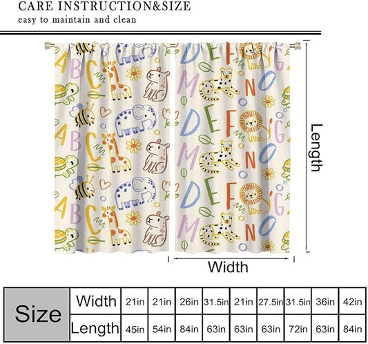 BAEKJIN Kids Alphabet Curtains， Hand Drawn Colorful ABC Letters and Animals Pattern Print Decor Window Drapes for Bedroom Living Room 42x45 Inch