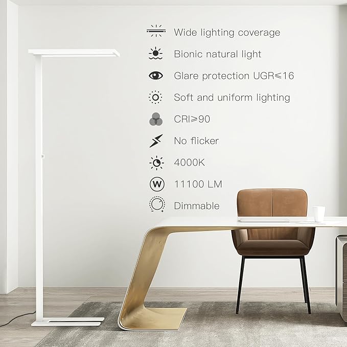 STERREN 76" Led Floor Lamp, 105W White Modern Free-Standing Lamp,11100LM Dimmable Eye-Care Tall Reading Lamp for Reading Study Room,Office,Meeting Room,4000K Natural Daylight