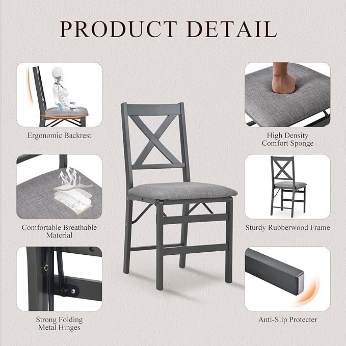 COLAMY Folding Dining Chairs Set of 2, Foldable Chairs with Padded Seats, Wood Folding Dining Room Chairs for Kitchen, Party, Camping, Dark Grey