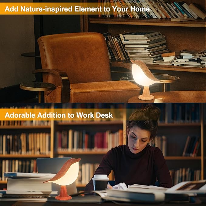 2 Cute Bird Lamps Combo,Small Bedside Lamps with 3 Color Temperature and Adjustable Brightness,Rechargeable Cordless Lamp for Bedroom Nightstand Bedside Table (Wood Tone + Red)
