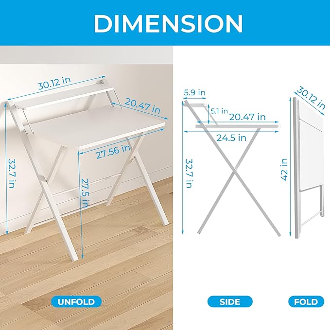 GreenForest Folding Desk No Assembly Required Large Size, 2-Tier Foldable Computer Desk with Shelf for Home Office, Space Saving Portable Laptop Study Foldable Table for Bedroom, White