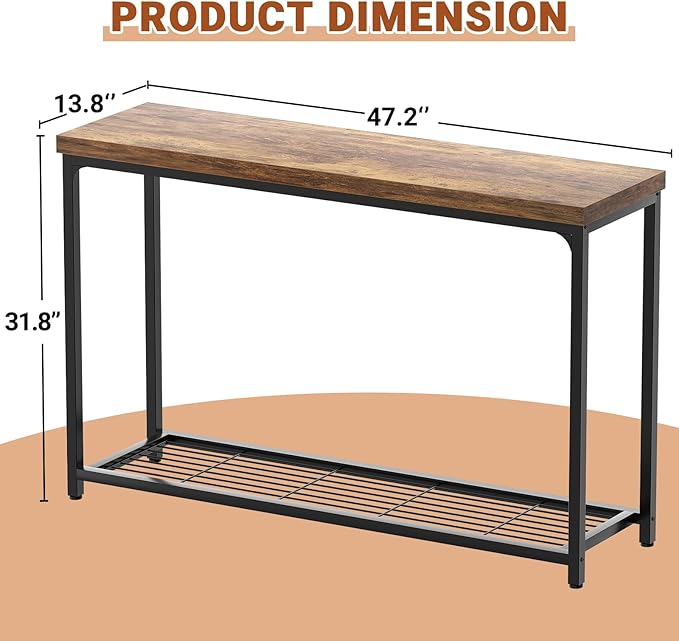 Console Table, Entryway Table, Sofa Table with Mesh Shelves, Console Tables for Living Room, Bedroom, Hallway, Entryway, Foyer (2 Tier, Rustic Brown, 47 inch)