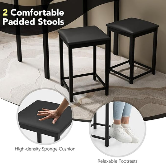 Giantex Dining Table Set for 2, Counter Height Bar Table with Faux Marble Pattern Tabletop, 2 Padded Bar Stools, Footrests, Metal Frame, Dinette Set for Kitchen Small Space Breakfast Nook Pub, Black
