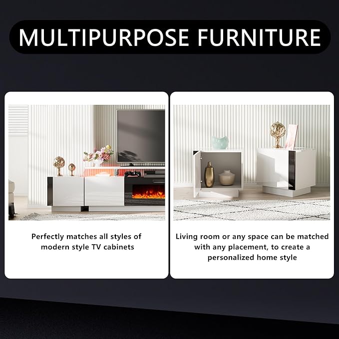 AMERLIFE 2PCS Entertainment Center Side Table Set with Storage, Modern High Gloss End Tables with 2 Cabinet Doors, for Living Room/Bedroom/Office, White/Black