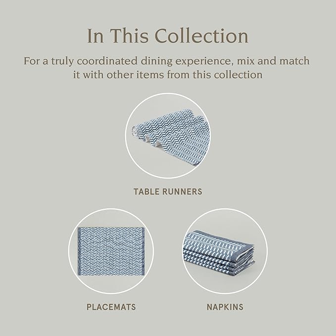 Over&Back Set of 4 Hand-Blocked Placemats - Colorful Dining Table Mat - Each Placemat is Unique - 100% Cotton - Machine Washable - Kitchen and Home Decor - Blue Herringbone