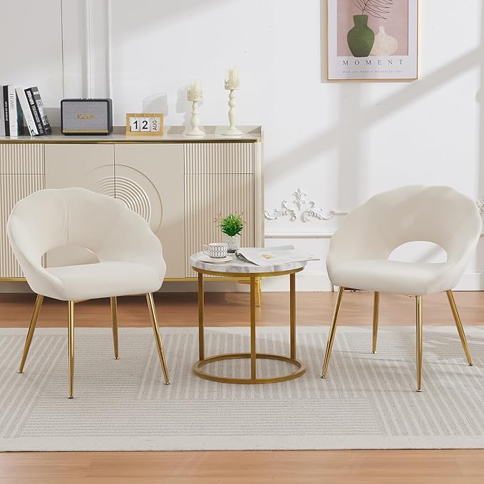 Modern Small Accent Chair Set of 2, Comfy Velvet Vanity Chair with Shell Back & Golden Metal Legs, Decorative Chair no Wheels for Living Room, Makeup Room, Bedroom, Beige