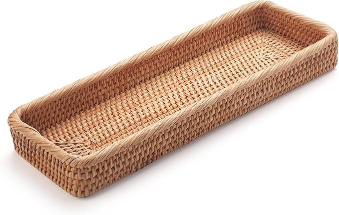 Rattan Bathroom Vanity Trays Toilet Tank Baskets Long Narrow Hand Towel Storage Basket for Storage, Decorative (Natural 16.3 x 6.1 x 2 inch)
