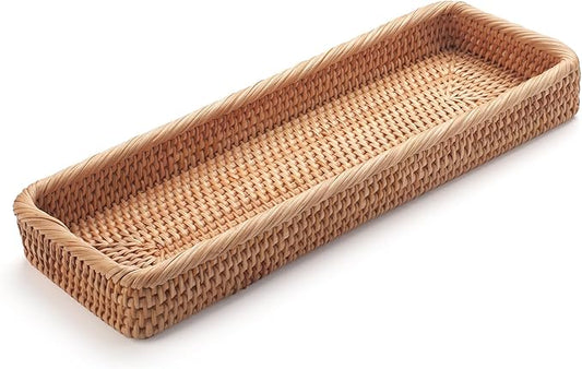 Rattan Bathroom Vanity Trays Toilet Tank Baskets Long Narrow Hand Towel Storage Basket for Storage, Decorative (Natural 16.3 x 6.1 x 2 inch)