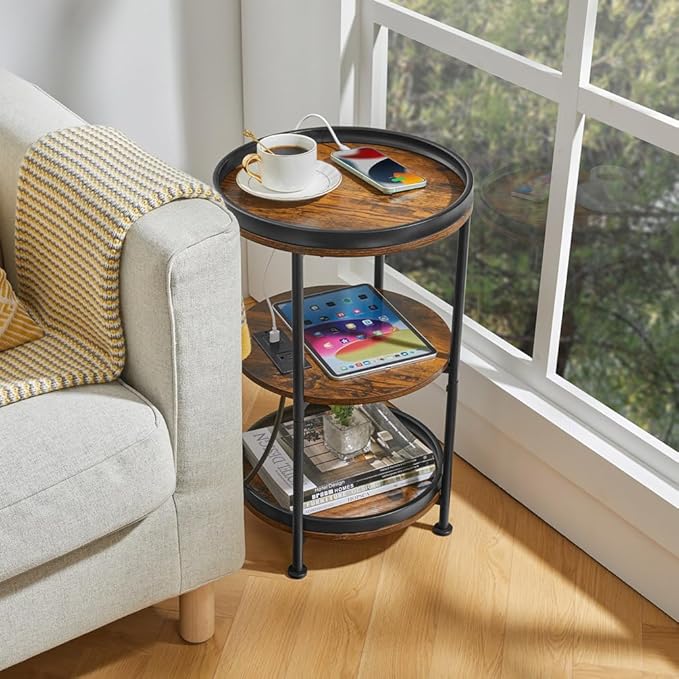 Dulcii Round Side Table with Charging Station, End Table with 3 Shelves for Living Room, Bedroom Nightstand for Small Spaces, Industrial Round Sofa Table with Steel Frame (USB+Rustic Brown)